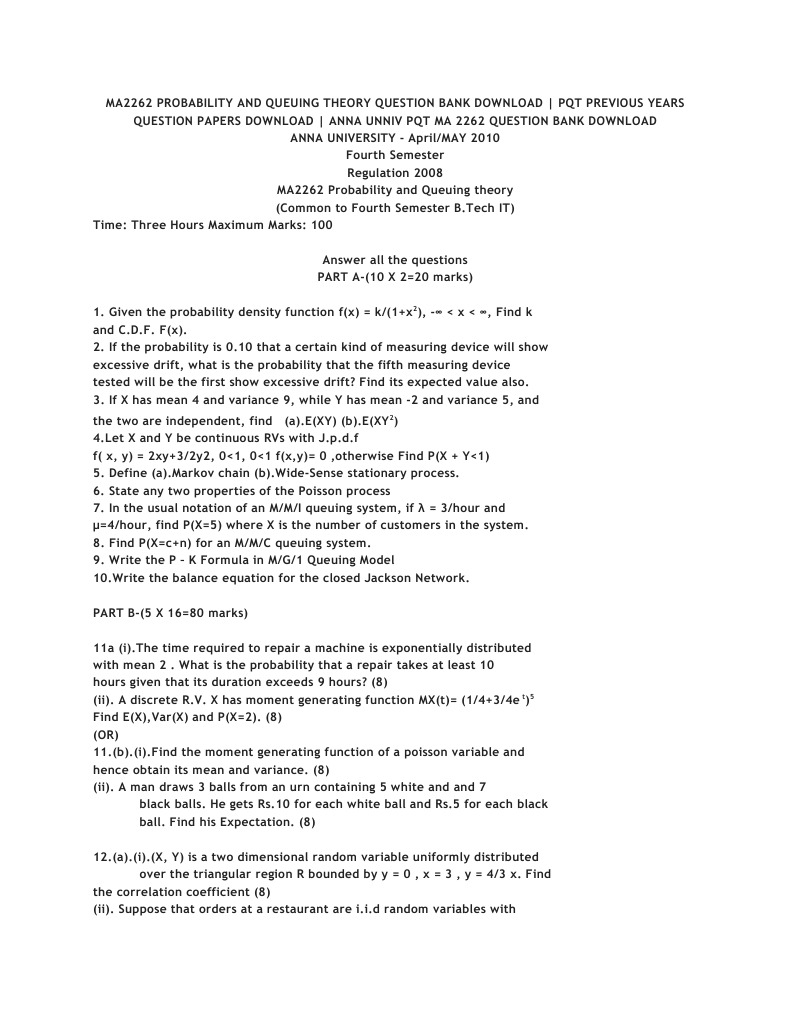 ma2262 syllabus